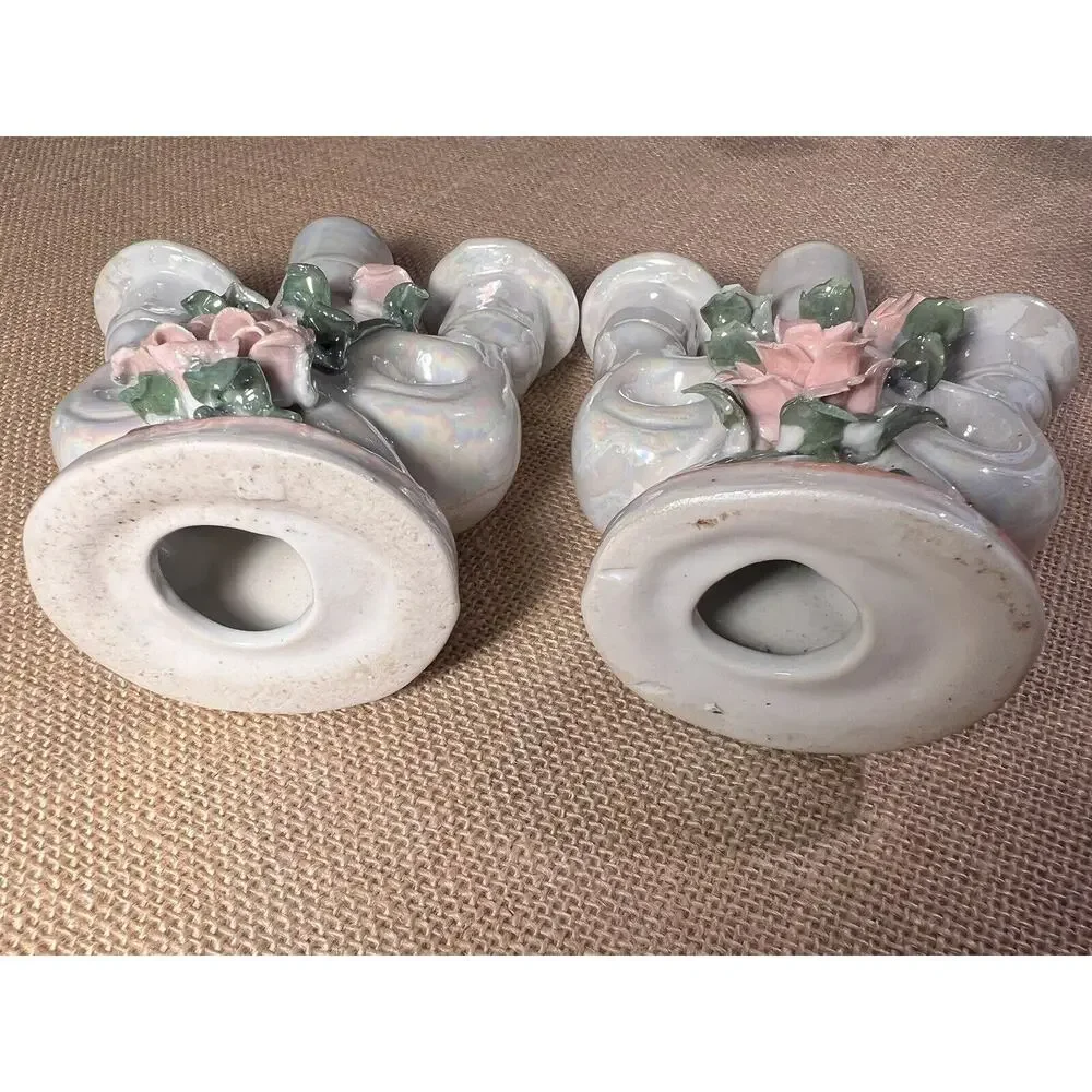 Lusterware Mid Century Opalescent Porcelain Rose Candelabra--Set of 2--Vintage
